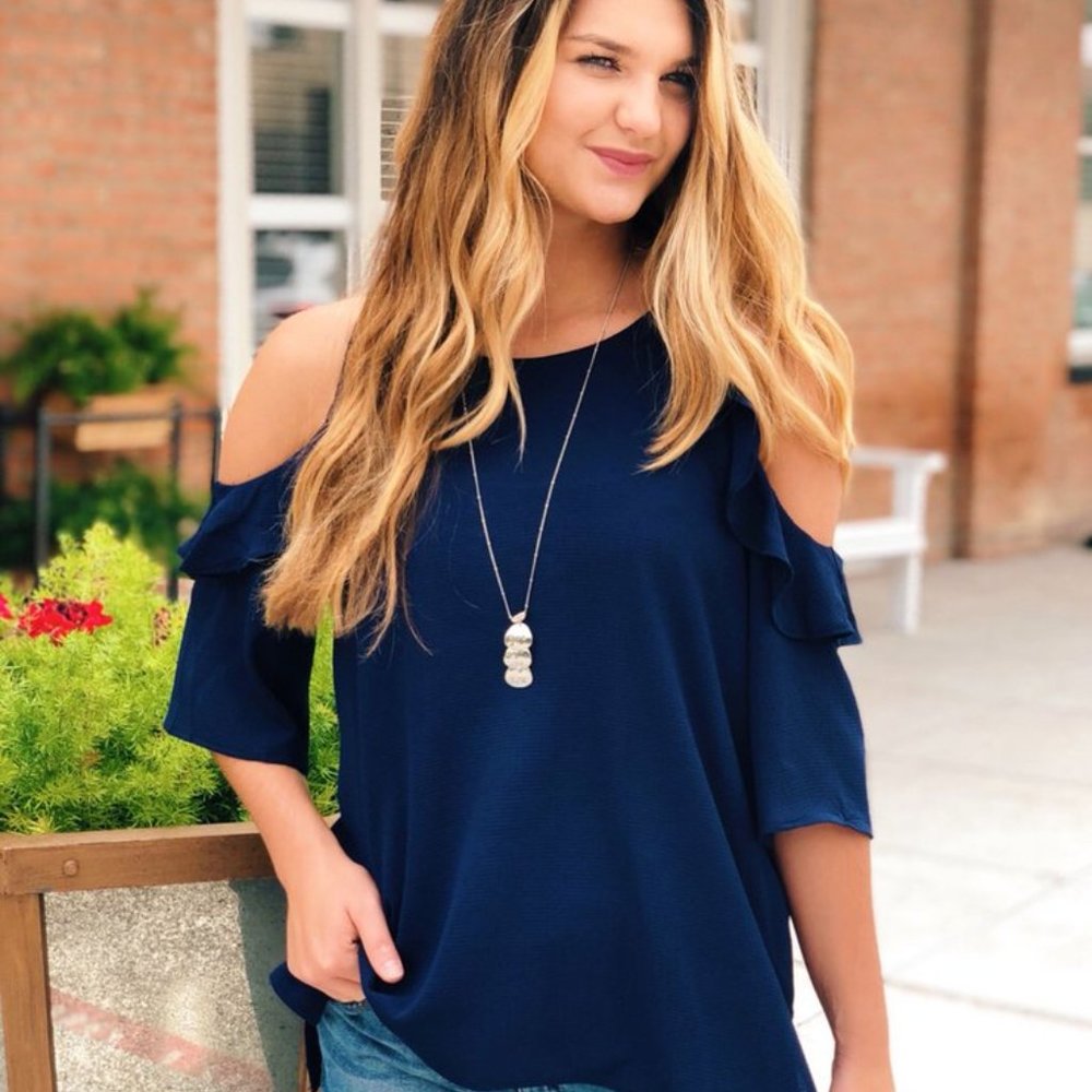 NWT cold shoulder and ruffle blouse. Navy blue.